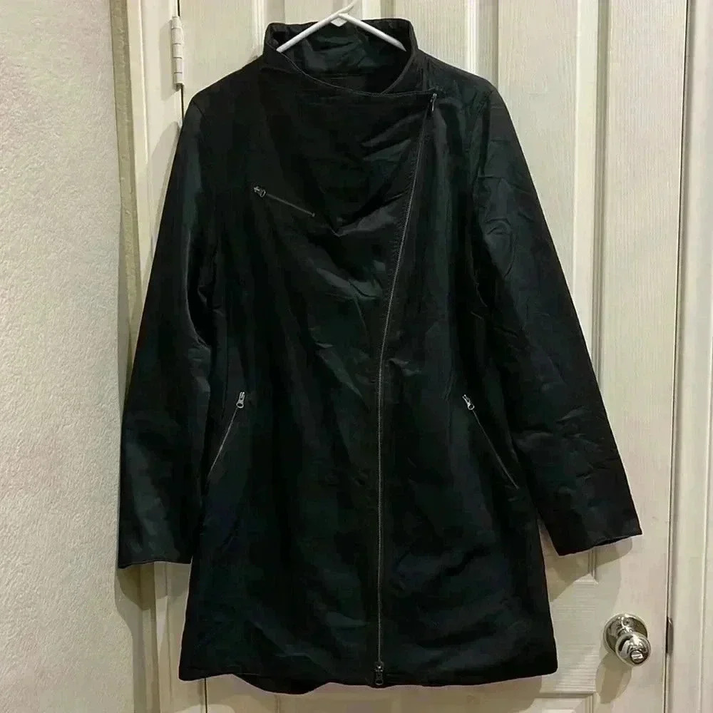 EUC Eileen Fisher Funnel Neck Long Asymmetrical Coat Jacket Fleece Lined Sz L